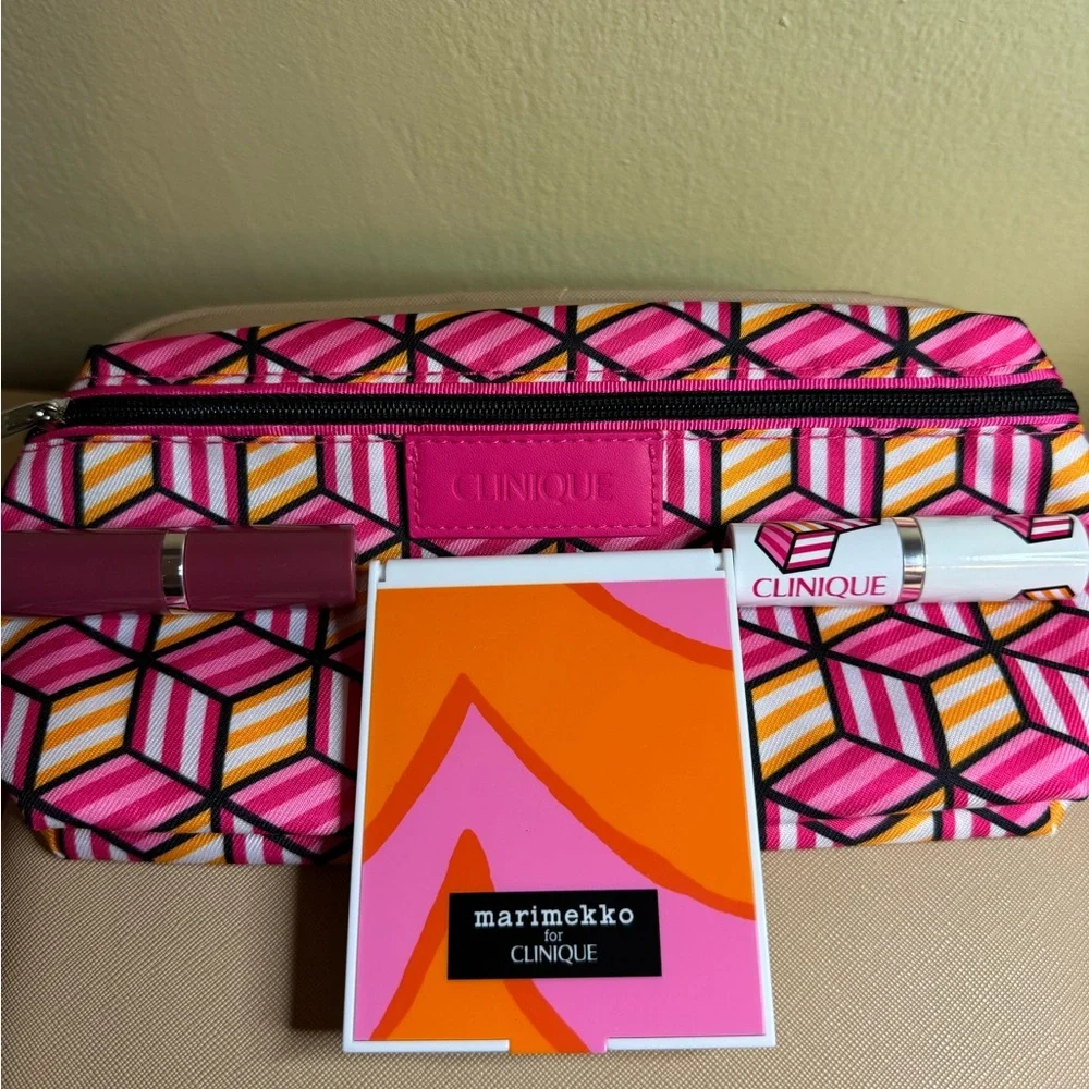 New Clinique Lipstick mod zippered makeup bag w/pair of lipsticks & mirror